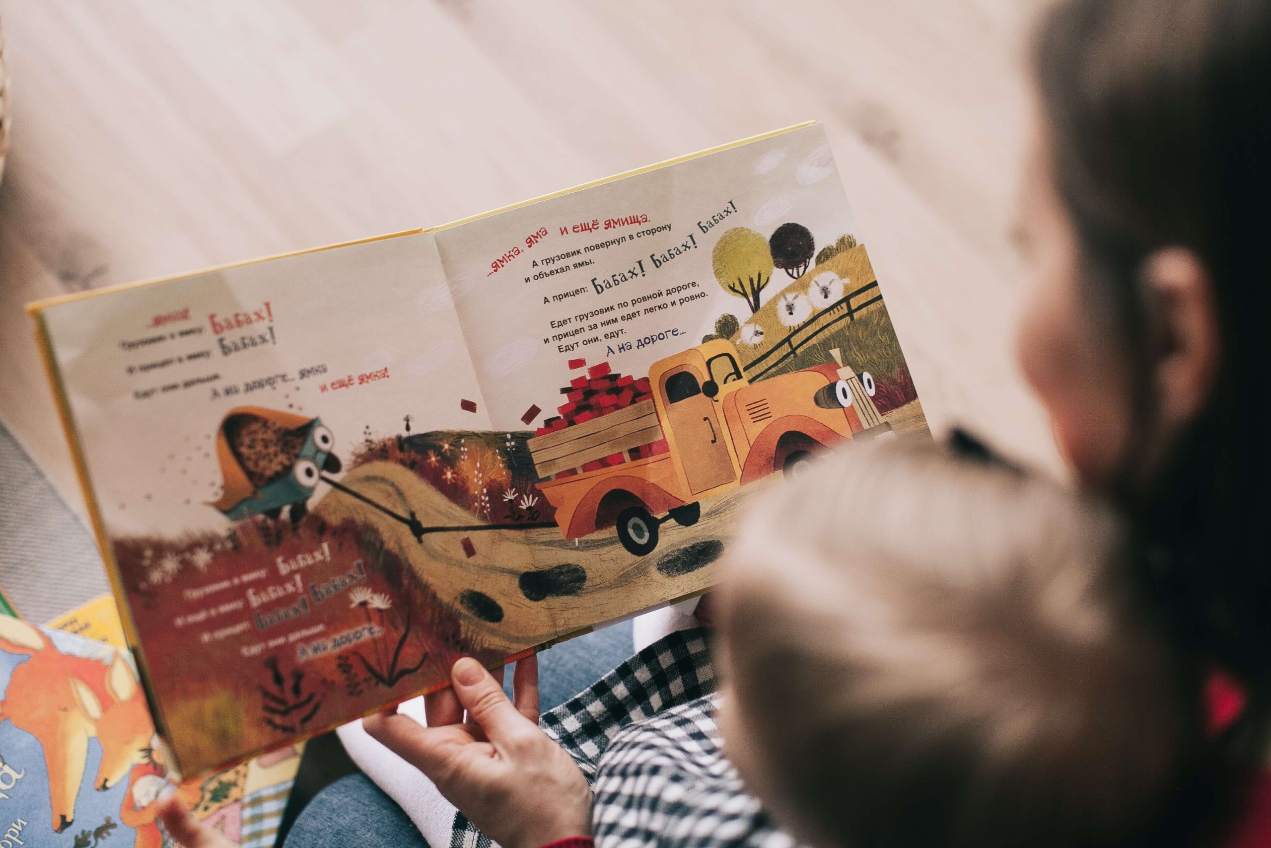 Adult reading an illustrated book to a child