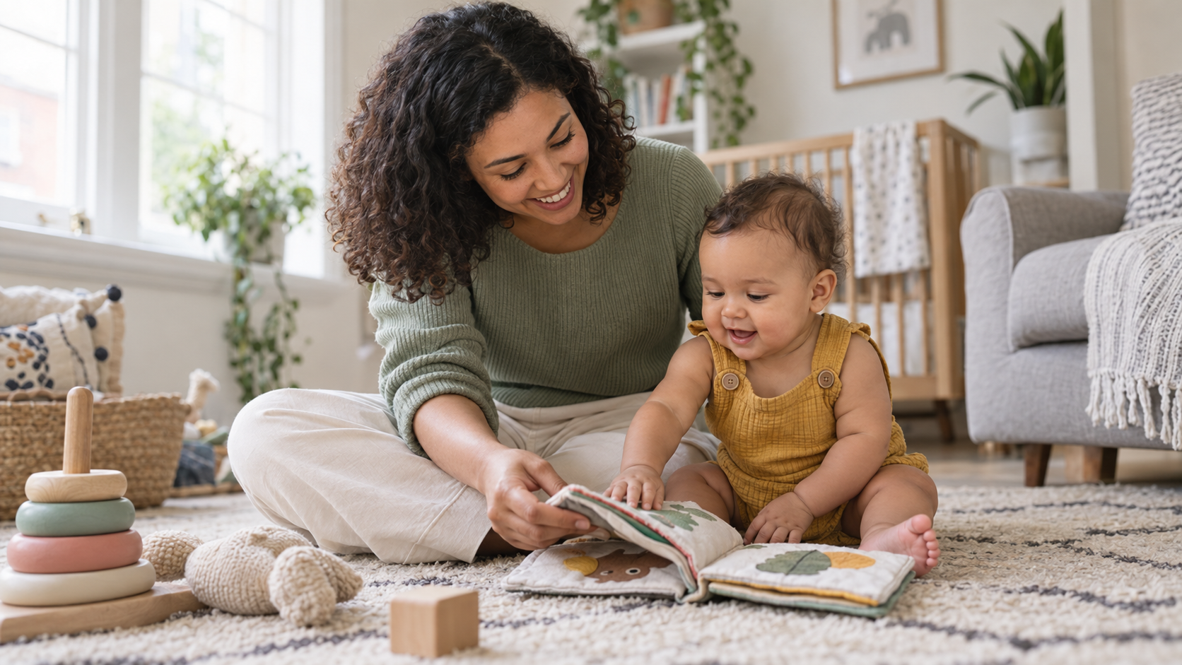 Sitter reading a cloth book with a baby on the floor