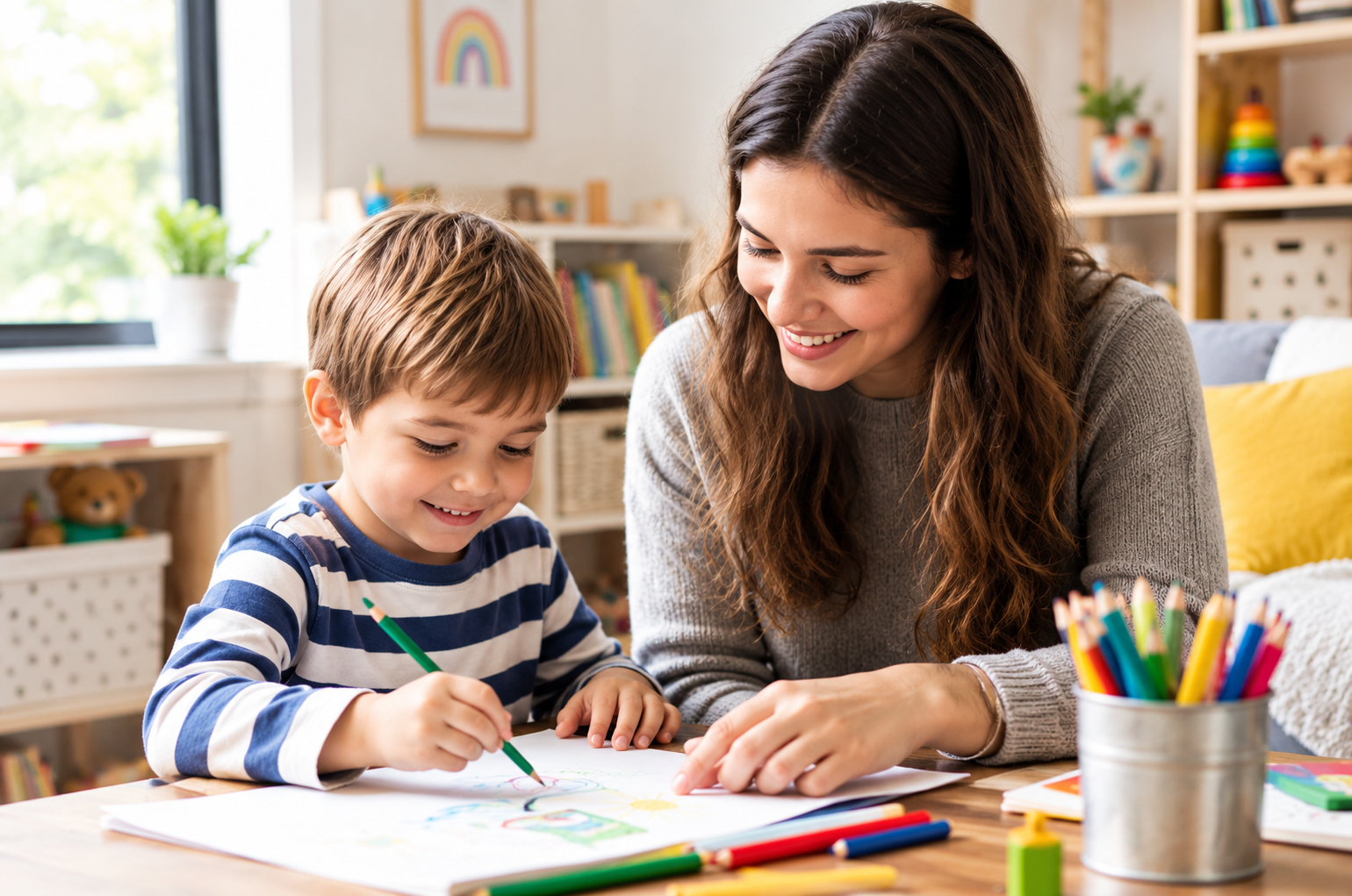 Adult and young boy colouring together