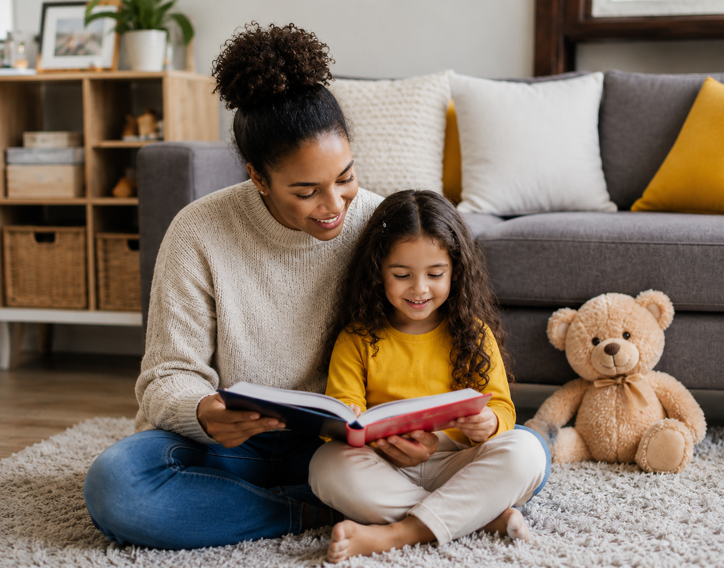 Adult reading a book with a young girl